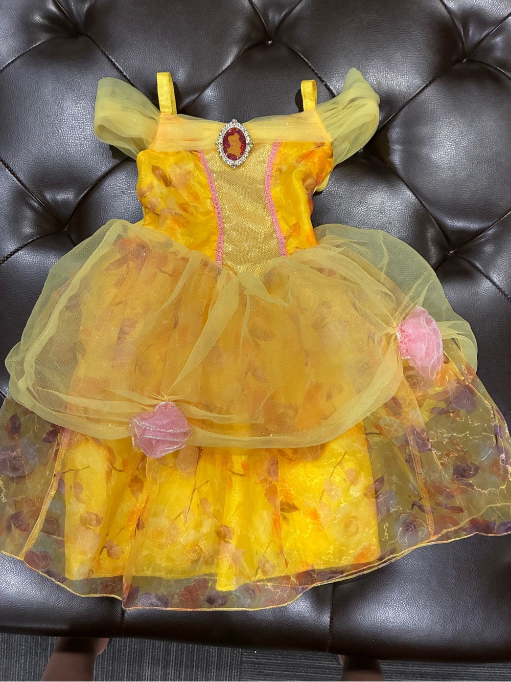 Disney Belle Yellow Princess Tulle Dress with Pink Rose Accents